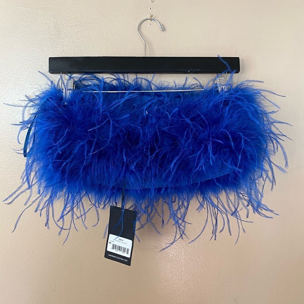 NWT LaMarque Zaina Top maribou feather bandeau bustier cobalt blue Revolve XS - Picture 3 of 10